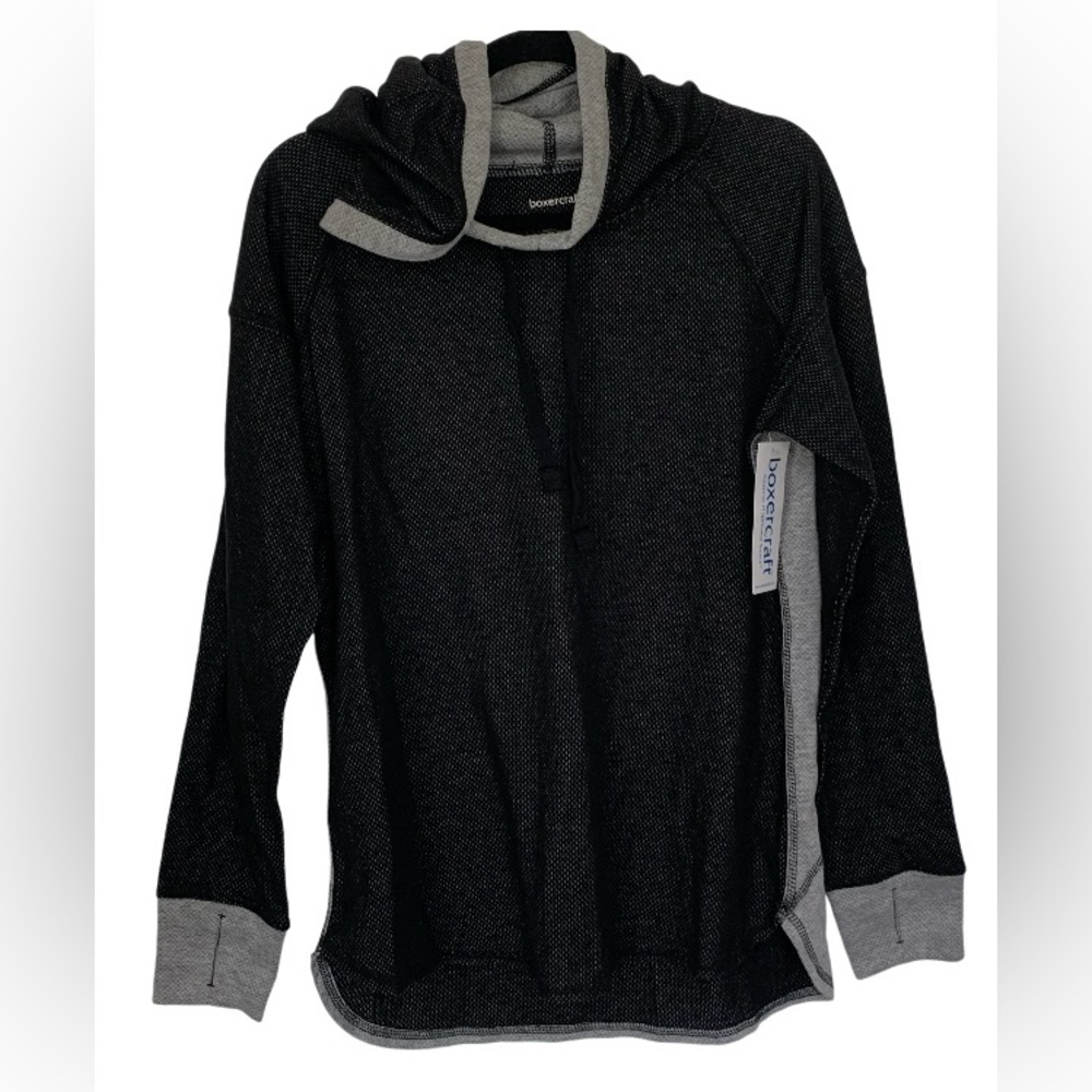 BOXERCRAFT NWT! Women’s Pullover Hoodie Black/Gray Block Cowl Neck Drawstring L‎
